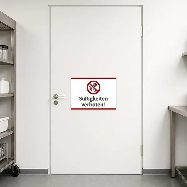 Weißer Aufkleber mit Verbotssymbol und dem Hinweis Süßigkeiten verboten für Küche, Büro oder Schule.