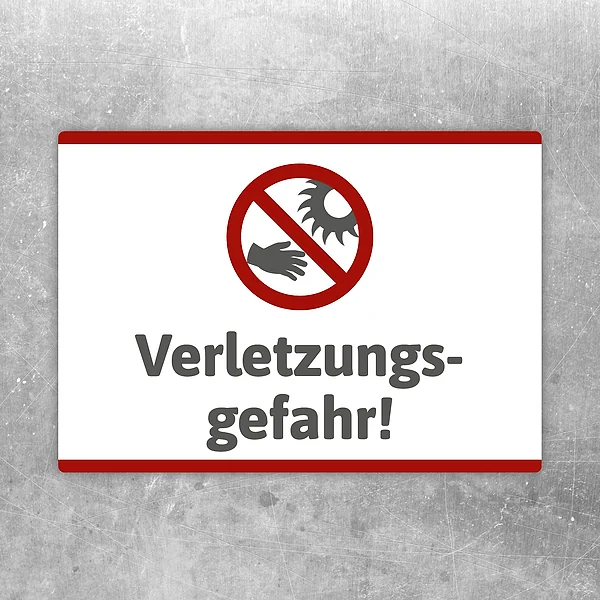 Aufkleber mit dem Warnhinweis Verletzungsgefahr für Maschinen und Arbeitsbereiche.