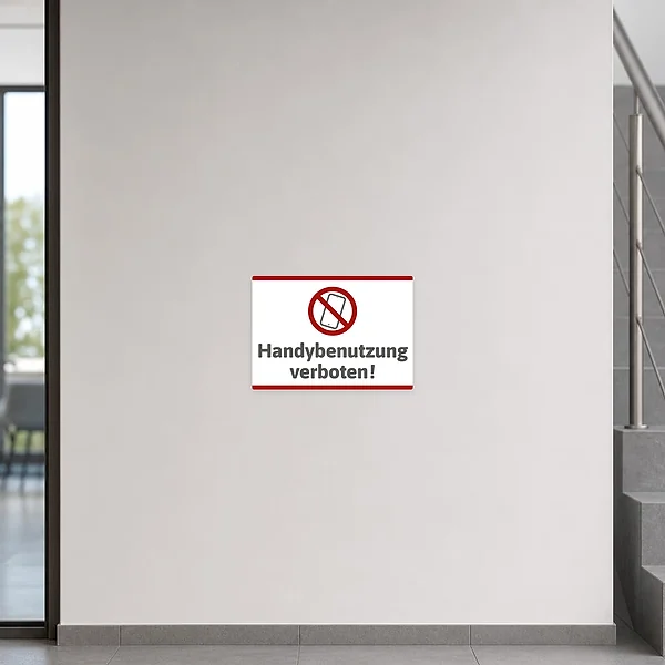 Querformatiger Aufkleber mit Handyverbot-Symbol und dem Text Handybenutzung verboten für Regeln im Alltag.