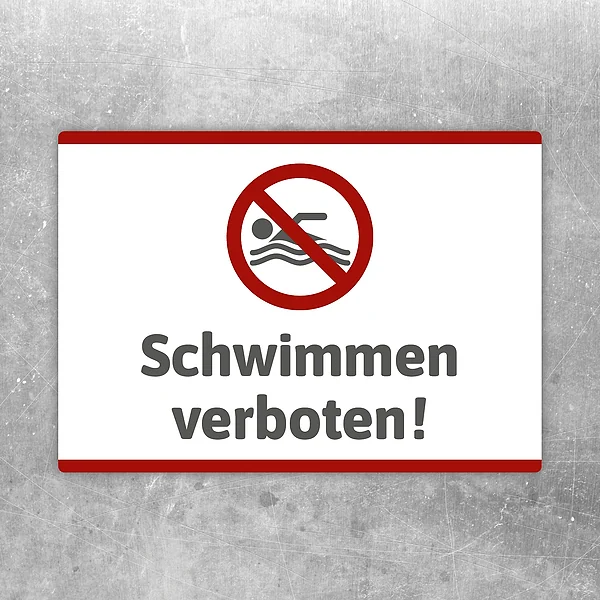 Aufkleber mit rotem Verbotssymbol und dem Hinweis Schwimmen verboten