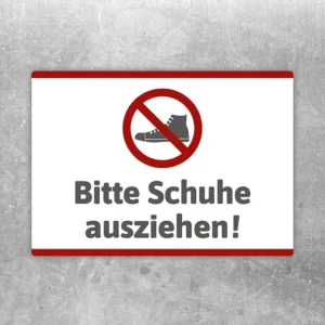 Aufkleber mit Hinweis Bitte Schuhe ausziehen und durchgestrichenem Schuhsymbol.