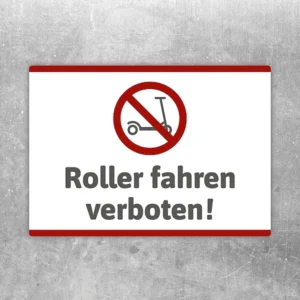 Aufkleber mit rotem Verbotssymbol und Text „Roller fahren verboten“ für klare Hinweise.