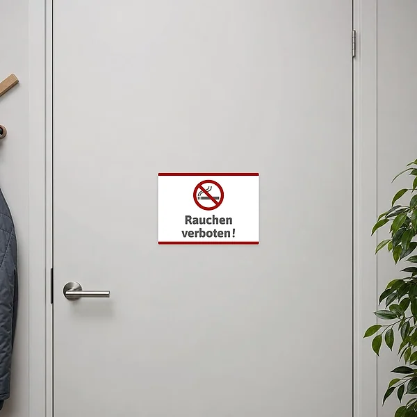 Querformatiger Aufkleber Rauchen verboten mit Zigarettensymbol im roten Verbotkreis für Eingänge und Nichtraucherbereiche.