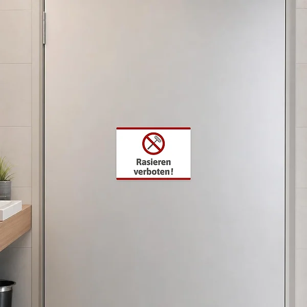 Querformatiger Aufkleber mit Verbotssymbol und dem Text Rasieren verboten für Sanitär- und Gemeinschaftsbereiche.