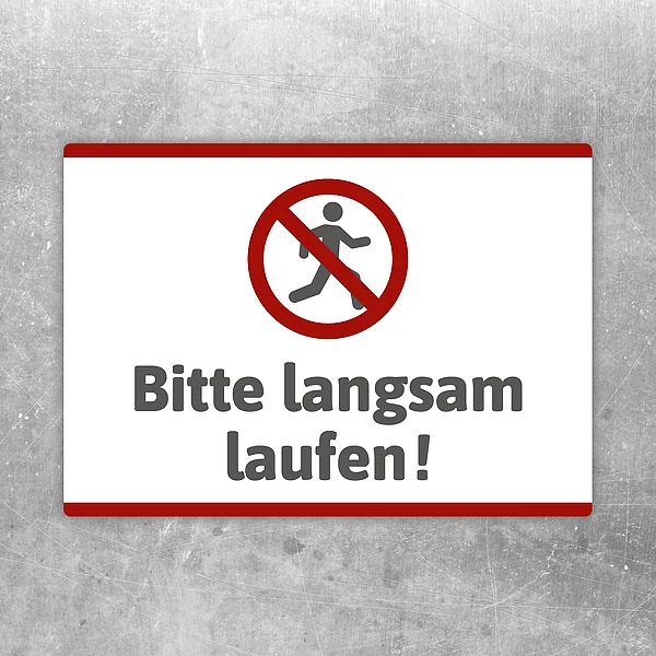 Aufkleber mit Symbol und Text „Bitte langsam laufen!“ für klare Hinweise im Eingangsbereich.