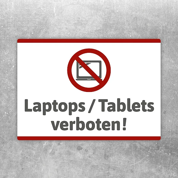 Aufkleber mit Verbotszeichen und dem Text Laptops Tablets verboten für klare Raumhinweise.