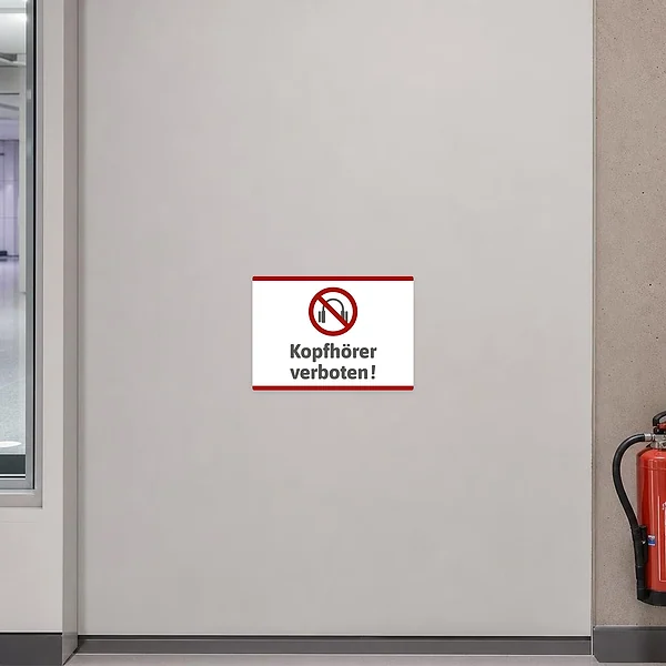 Verbotsaufkleber mit Kopfhörer-Piktogramm und Schriftzug Kopfhörer verboten an einer Wandfläche.
