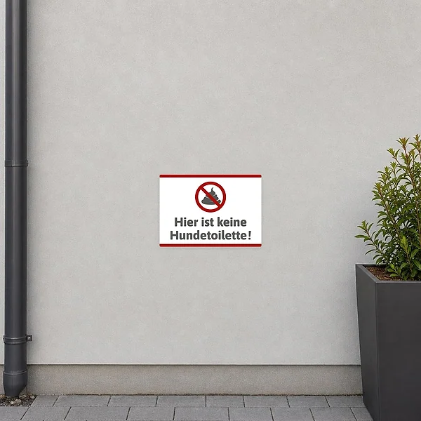 Querformatiger Aufkleber mit Verbotssymbol und Text „Hier ist keine Hundetoilette“ für Hauseingang oder Zaun.