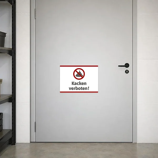 Humorvoller Aufkleber Kacken verboten mit rotem Verbotssymbol für Türen und Toilettenbereiche.