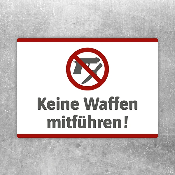 Aufkleber mit dem Hinweis „Keine Waffen mitführen“ und durchgestrichenem Waffensymbol.