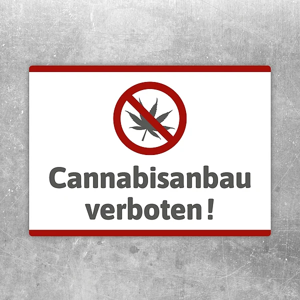 Aufkleber mit durchgestrichener Cannabispflanze und dem Text Cannabisanbau verboten.