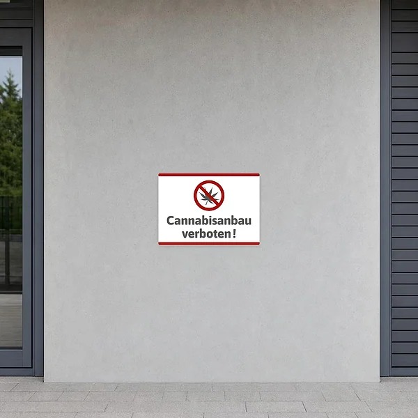 Querformat-Aufkleber mit Verbotszeichen über einer Cannabispflanze und dem Hinweis Cannabisanbau verboten.