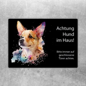 Aufkleber mit Hundemotiv und dem Hinweis Achtung Hund im Haus für Türen und Eingänge.