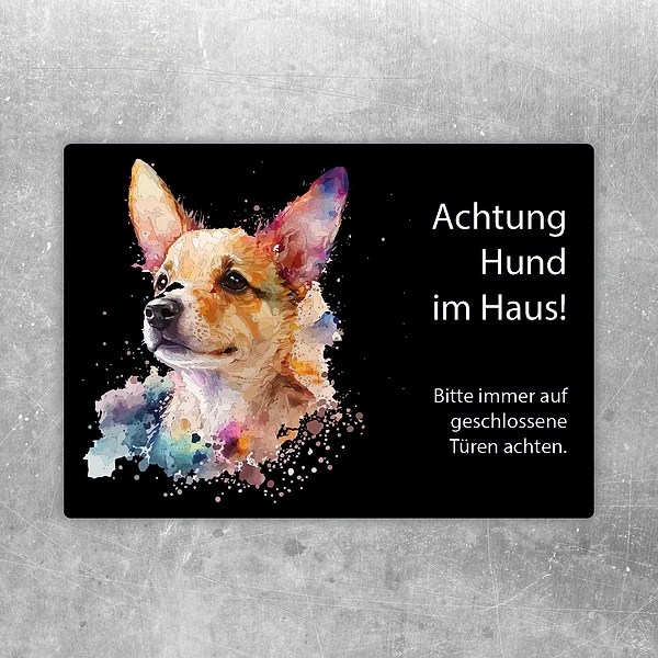 Aufkleber mit Hundemotiv und dem Hinweis Achtung Hund im Haus für Türen und Eingänge.