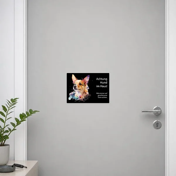 Querformat-Aufkleber mit Hundeporträt und dem Text Achtung Hund im Haus als klarer Eingangshinweis.
