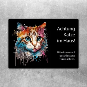Aufkleber mit buntem Katzenkopf und dem Hinweis Achtung Katze im Haus für die Tür.