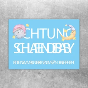 Aufkleber mit blauem Motiv „Achtung schlafendes Baby“ für Kinderzimmer und Tür.