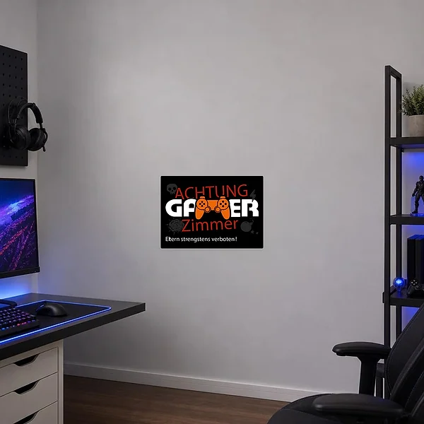 Gaming Aufkleber mit Controller und dem Hinweis Achtung Gamer Zimmer für den Spielebereich.