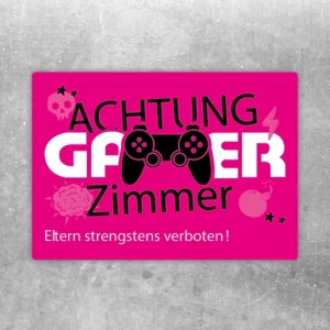 Aufkleber mit der Aufschrift Achtung Gamer Zimmer für ein Gaming Mädchenzimmer.