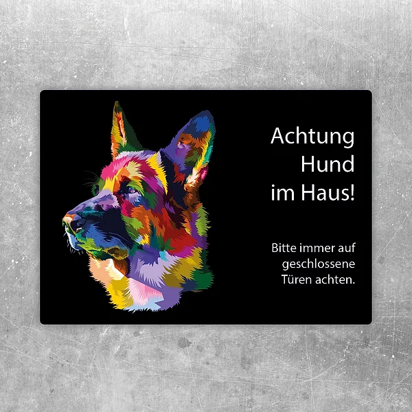 Aufkleber mit farbigem Schäferhund und dem Hinweis „Achtung Hund im Haus“ für den Eingangsbereich.
