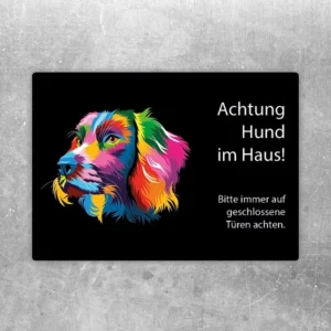 Aufkleber mit farbigem Spaniel und dem Hinweis „Achtung Hund im Haus!“ auf schwarzem Hintergrund.