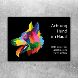 Aufkleber mit buntem Spitz und dem Hinweis Achtung Hund im Haus für Türen und Eingänge.