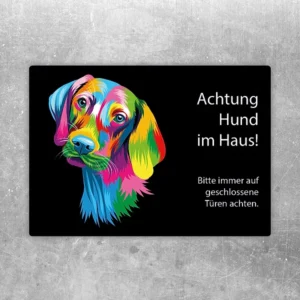Aufkleber mit buntem Viszla und dem Hinweis Achtung Hund im Haus für den Eingangsbereich.