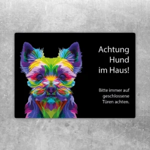 Aufkleber mit buntem Yorkshire Terrier und dem Hinweis „Achtung Hund im Haus!“ für Türen und Eingänge.