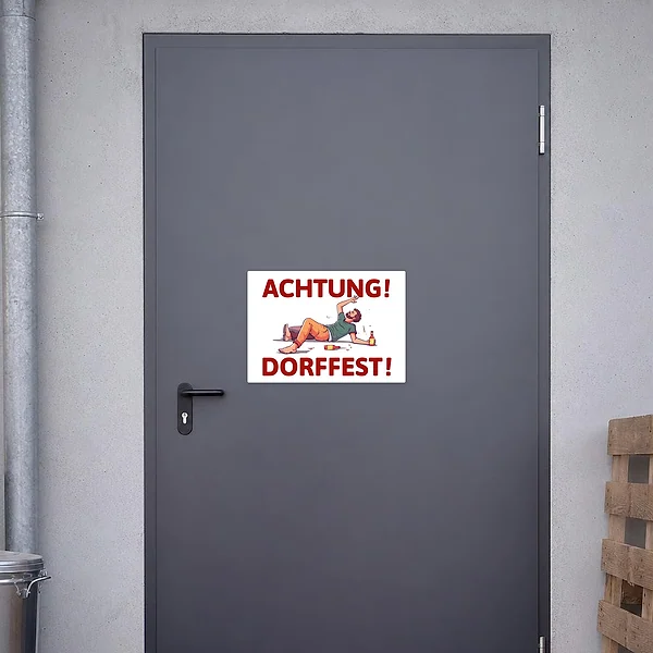 Humorvoller Aufkleber mit Achtung-Dorffest-Hinweis als Blickfang für Vereinsfeste und Eingänge.