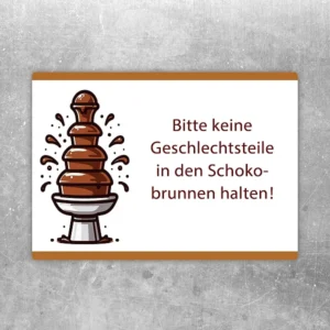 Aufkleber mit Hinweis: Bitte keine Geschlechtsteile in den Schokobrunnen halten.