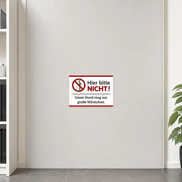 Frecher Verbotsaufkleber für Zaun oder Eingang mit Hinweis: Hier bitte nicht urinieren, unser Hund mag nur große Würstchen.