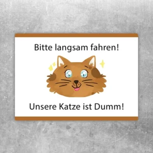 Aufkleber mit Katzenmotiv und dem Hinweis Bitte langsam fahren, unsere Katze ist dumm.