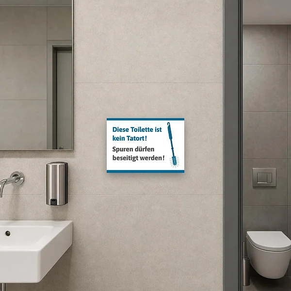 Humorvoller Schild Toilette Tatort hell mit Bürstenmotiv für Gästetoiletten und WC-Türen.