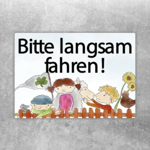 Aufkleber mit dem Hinweis Achtung Kinder Bitte langsam fahren für Bereiche mit Kindern.