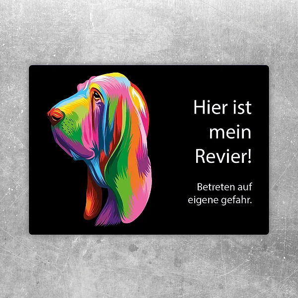 Aufkleber mit Basset und dem Hinweis Betreten auf eigene Gefahr für Haustür oder Tor