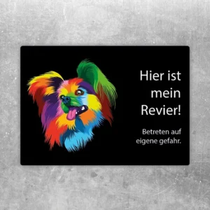 Aufkleber mit Chihuahua und Warnhinweis „Hier ist mein Revier! Betreten auf eigene Gefahr.“