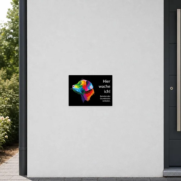 Aufkleber mit buntem Mischlingshund und Hinweistext für Haus, Hof und Eingang.