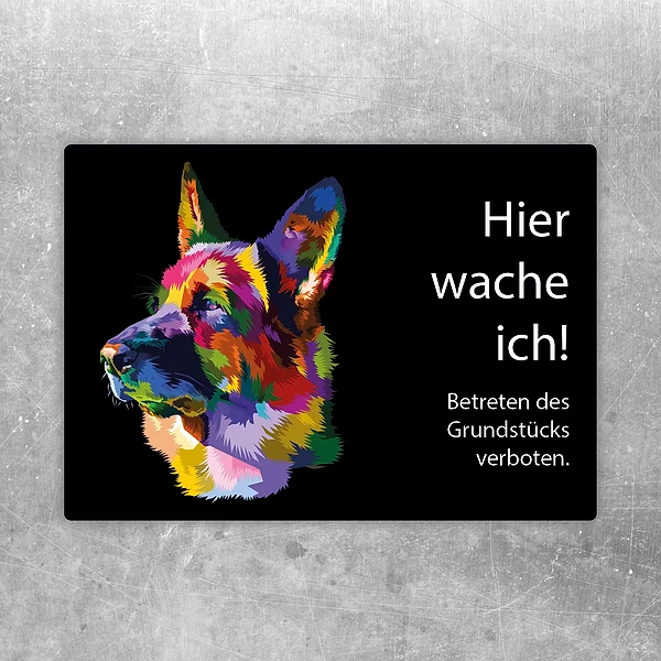 Aufkleber mit Schäferhund und dem Text Hier wache ich für Haustür oder Zaun.