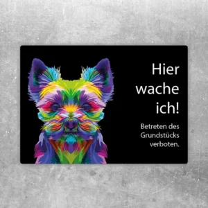 Aufkleber mit Yorkshire Terrier und dem Text Hier wache ich für den Eingangsbereich.