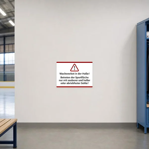 Querformatiger Aufkleber Hallenregeln Wachsverbot mit Warnsymbol für den Zugang zur Sporthalle.