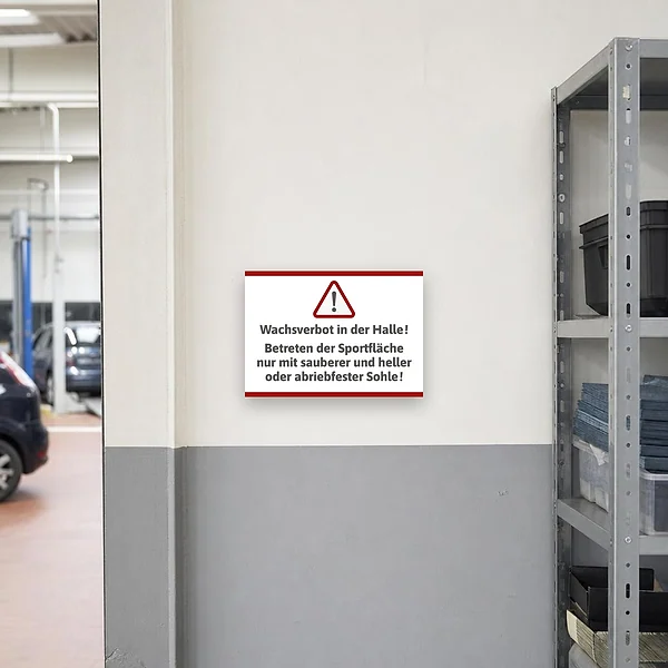 Querformatiger Schild Hallenregeln Wachsverbot mit Warnsymbol für den Zugang zur Sporthalle.