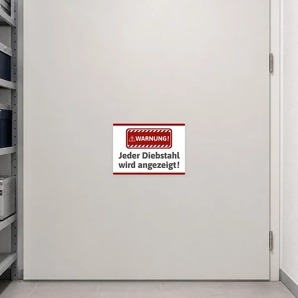 Roter Warnaufkleber mit dem Text Jeder Diebstahl wird angezeigt als deutlicher Diebstahlshinweis.