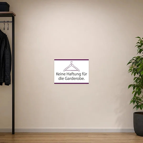 Hinweisaufkleber für die Garderobe mit Kleiderbügel-Motiv und dem Text Keine Haftung für die Garderobe.