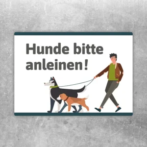Aufkleber mit dem Hinweis Hunde bitte anleinen und Illustration mit angeleinten Hunden.