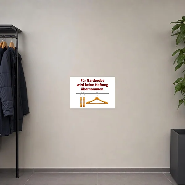Querformatiger Aufkleber mit dem Text Für Garderobe wird keine Haftung übernommen und Kleiderbügel-Symbol.