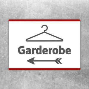 Aufkleber mit Garderobenmotiv und Pfeil nach links zur Kennzeichnung des Weges.