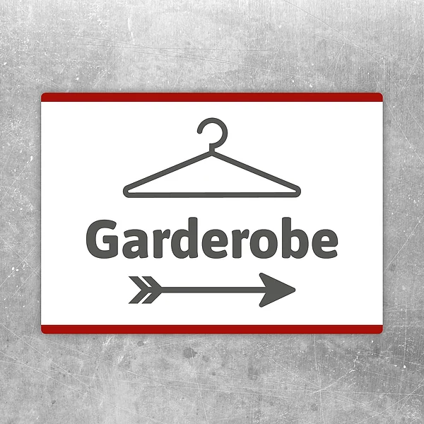 Aufkleber mit Garderobe-Schriftzug und Pfeil nach rechts zur eindeutigen Wegweisung.