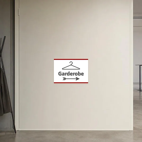 Hinweisaufkleber mit Garderobe und rechtem Pfeil für Flur, Empfang oder Eingangsbereich.