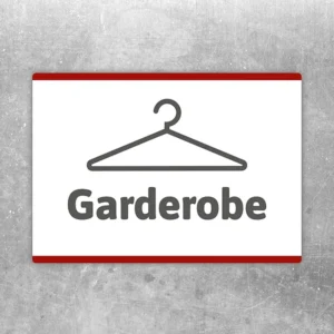 Aufkleber mit Garderobe-Hinweis und Kleiderbügelmotiv zur klaren Raumkennzeichnung.