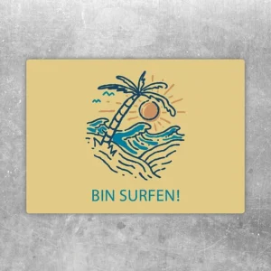 Aufkleber mit Palme, Wellen und dem Text Bin surfen für Surfer und Meerfans.